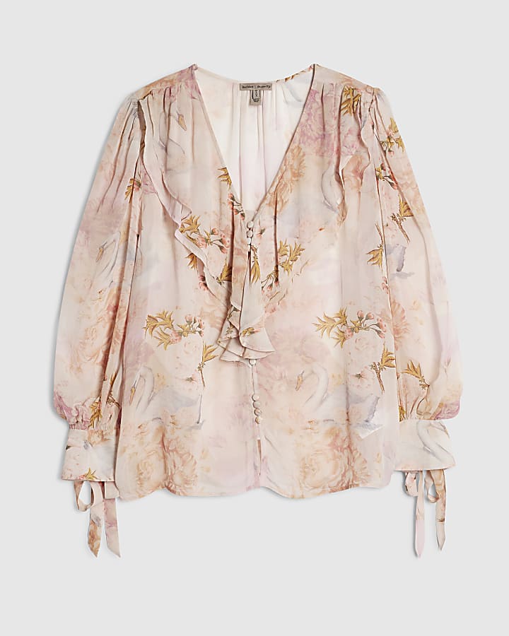 Pink Floral Swan Ruffle Blouse