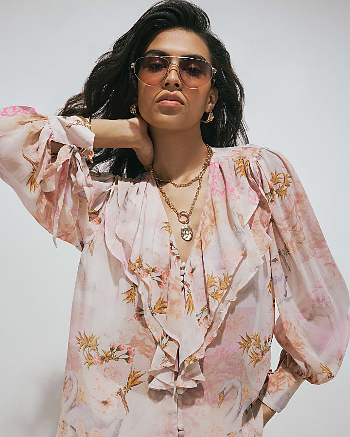 Pink Floral Swan Ruffle Blouse