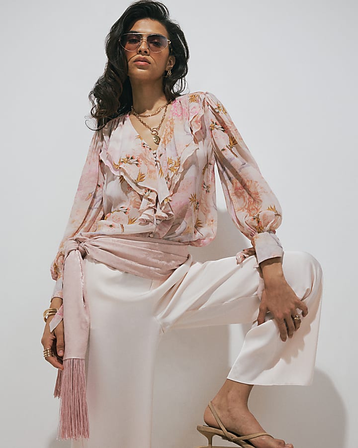 Pink Floral Swan Ruffle Blouse