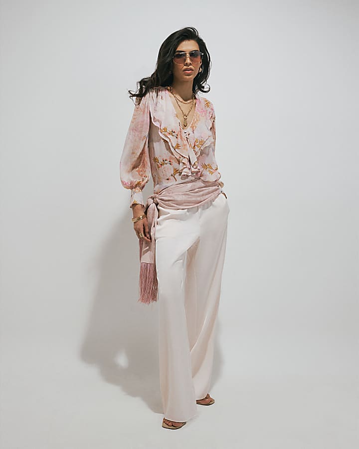 Pink Floral Swan Ruffle Blouse
