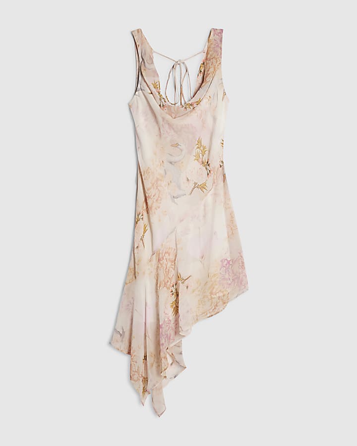 Pink Cowl Neck Swan Print Mini Dress