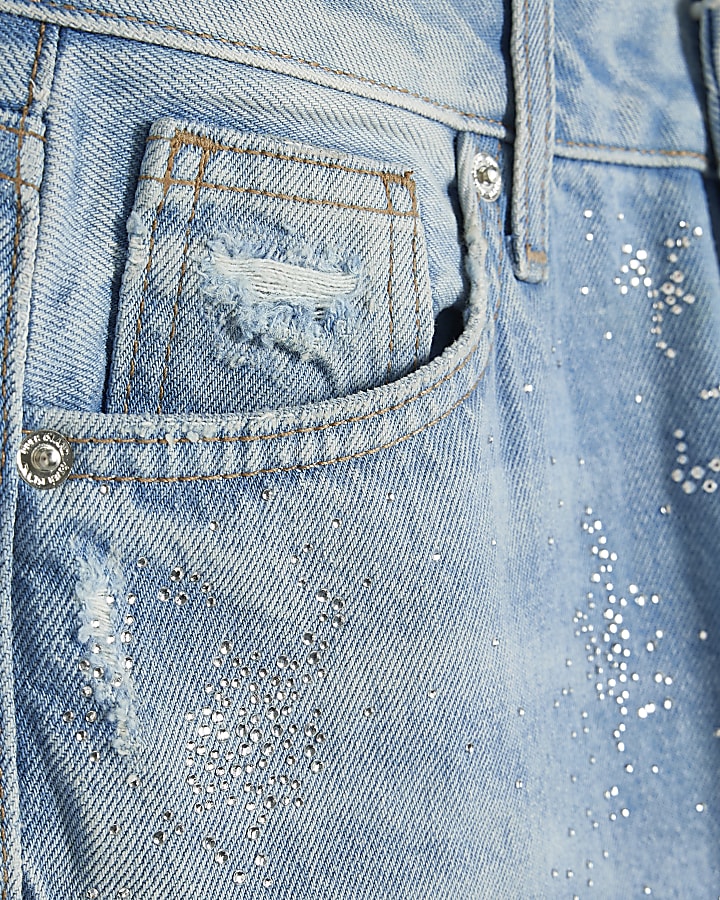 Blue High Rise Sparkle Ripped Straight Jeans