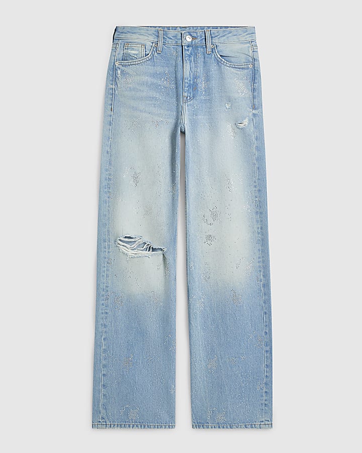 Blue High Rise Sparkle Ripped Straight Jeans