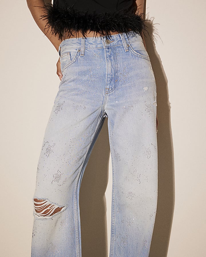 Blue High Rise Sparkle Ripped Straight Jeans
