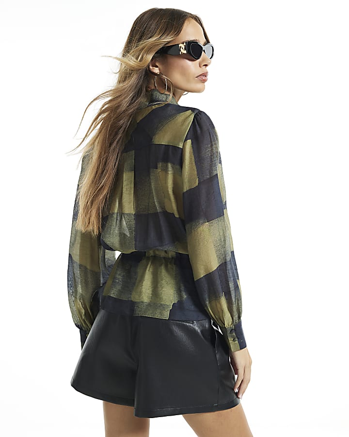 Black Check Funnel Neck Tie Waist Top