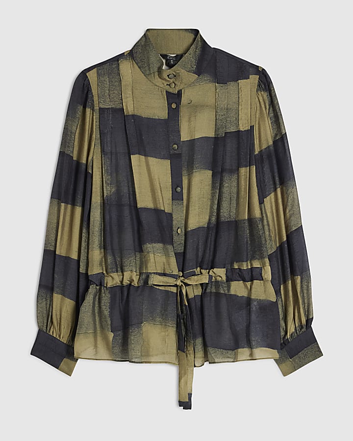 Black Check Funnel Neck Tie Waist Top