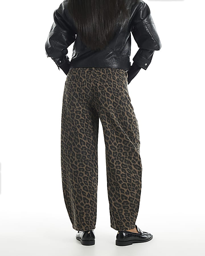 Petite Brown Leopard Print Barrel Leg Jeans