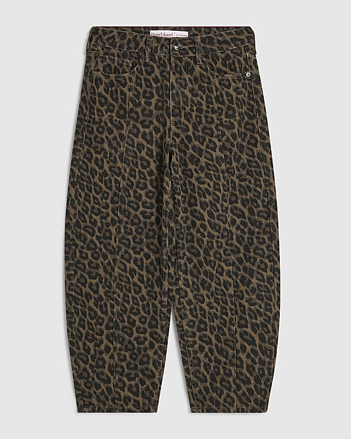Petite Brown Leopard Print Barrel Leg Jeans