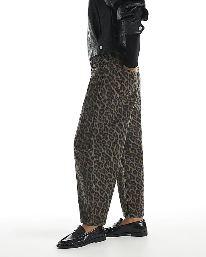 Petite Brown Leopard Print Barrel Leg Jeans