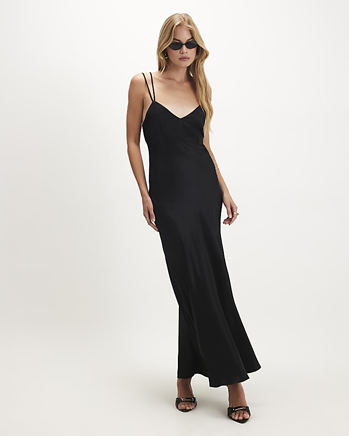 Black Strappy Satin Maxi Dress
