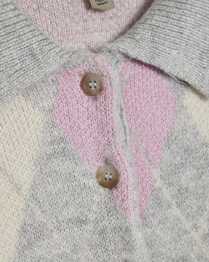 Pink Argyle Knit Polo Neck Jumper