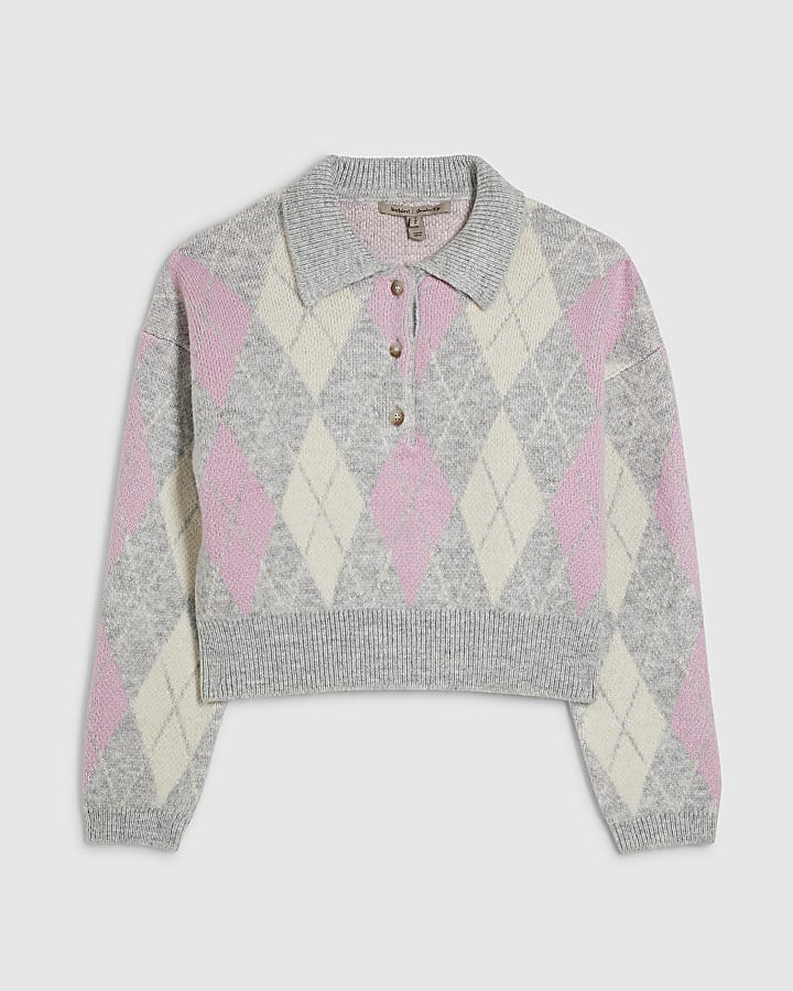 Pink Argyle Knit Polo Neck Jumper