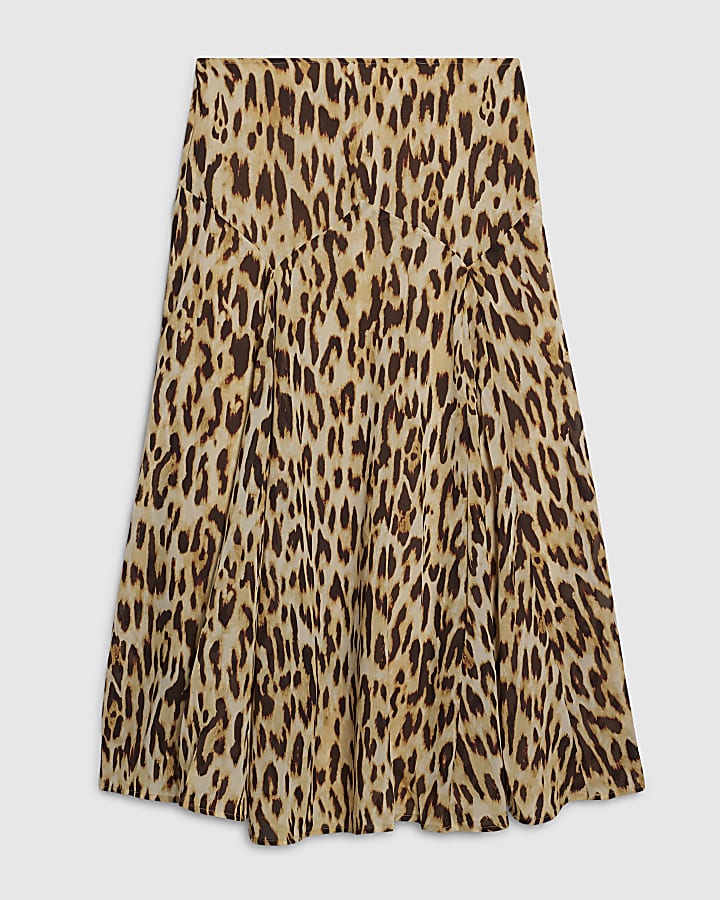 Petite Brown Leopard Print Godet Midi Skirt
