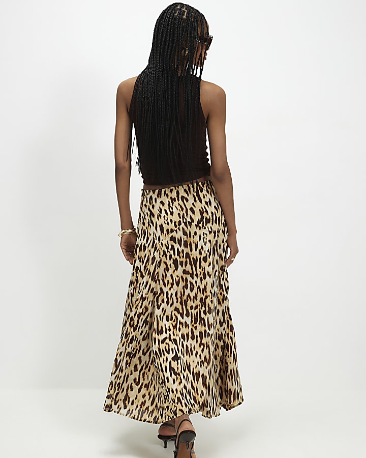 Brown Leopard Print Godet Midi Skirt