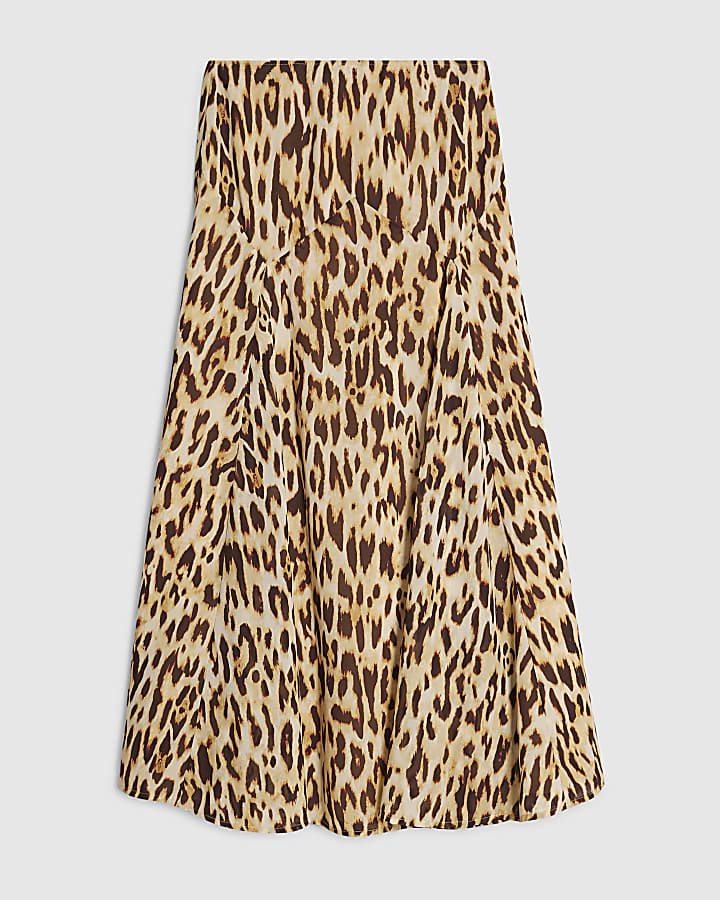 Brown Leopard Print Godet Midi Skirt