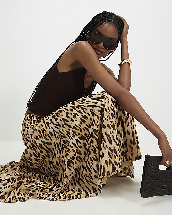 Brown Leopard Print Godet Midi Skirt