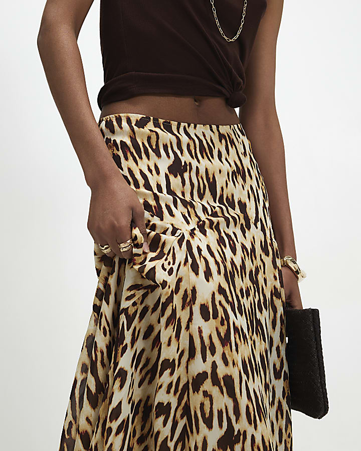 Brown Leopard Print Godet Midi Skirt