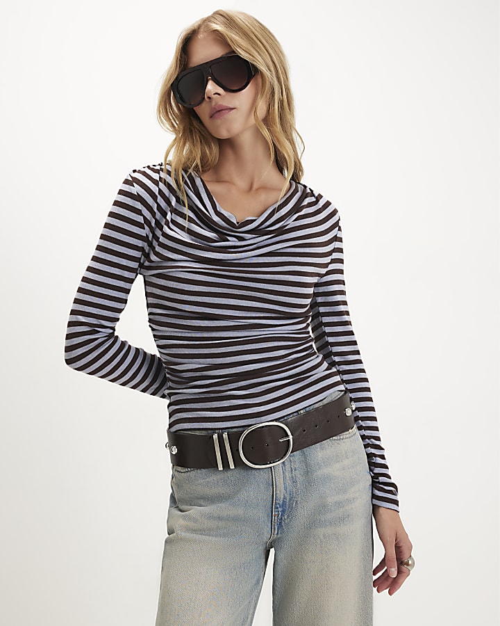 Blue Stripe Drapey Long Sleeve Top