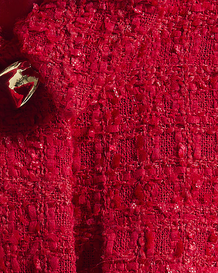 Red Boucle Short Sleeve Collared Belted Dress
