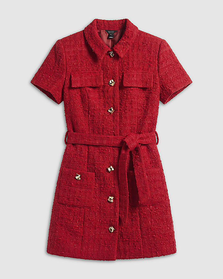 Red Boucle Short Sleeve Collared Belted Dress