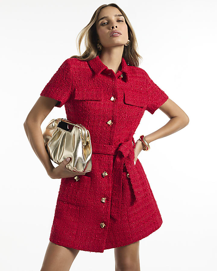 Red Boucle Short Sleeve Collared Belted Dress