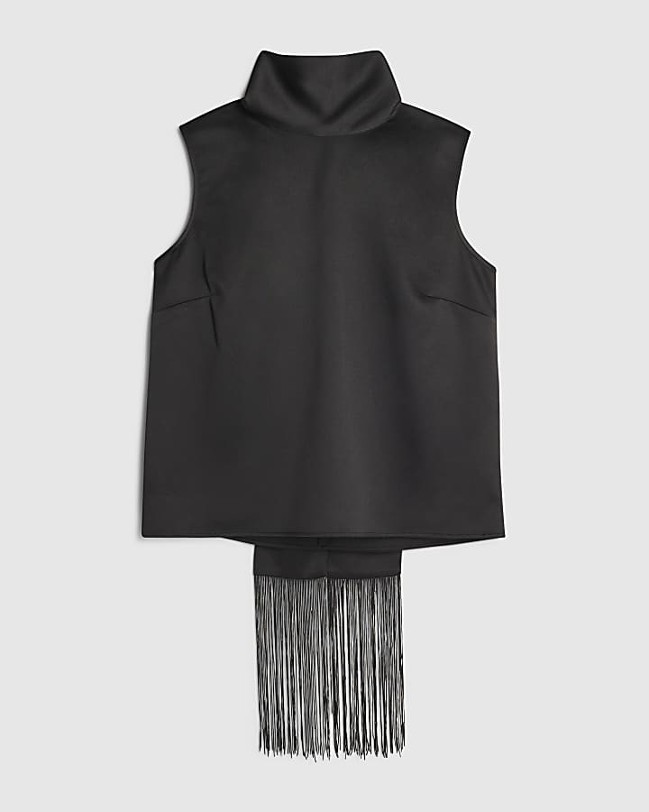 Petite Black Fringe Scarf Tank Top