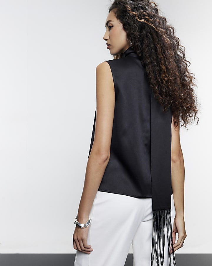 Black Fringe Scarf Tank Top