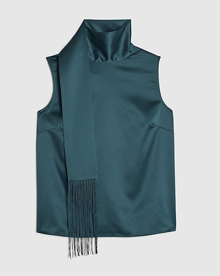 Blue Satin Fringe Scarf Tank Top