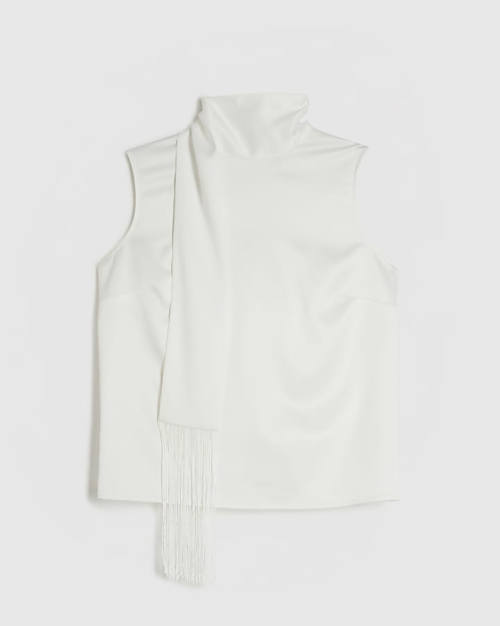White Fringe Scarf Tank Top