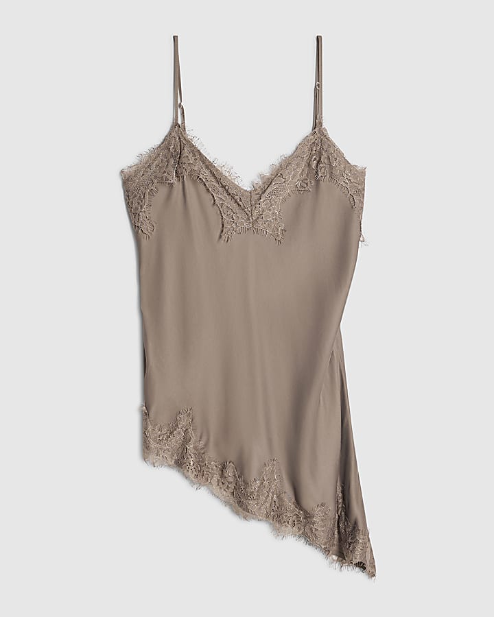 Beige Lace Trim Scallop Hem Cami Top