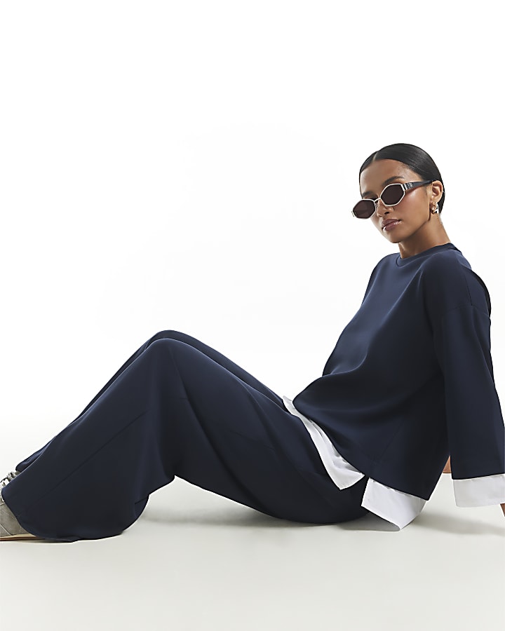 Petite Navy Premium Wide Leg Trousers