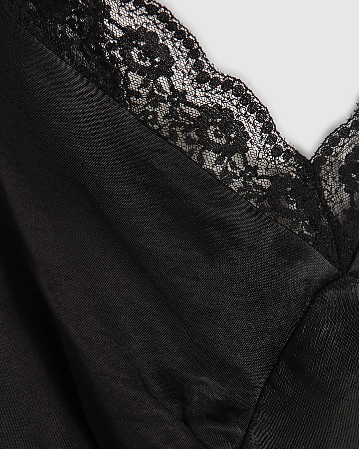 Black Lace Trim Satin Midi Slip Dress