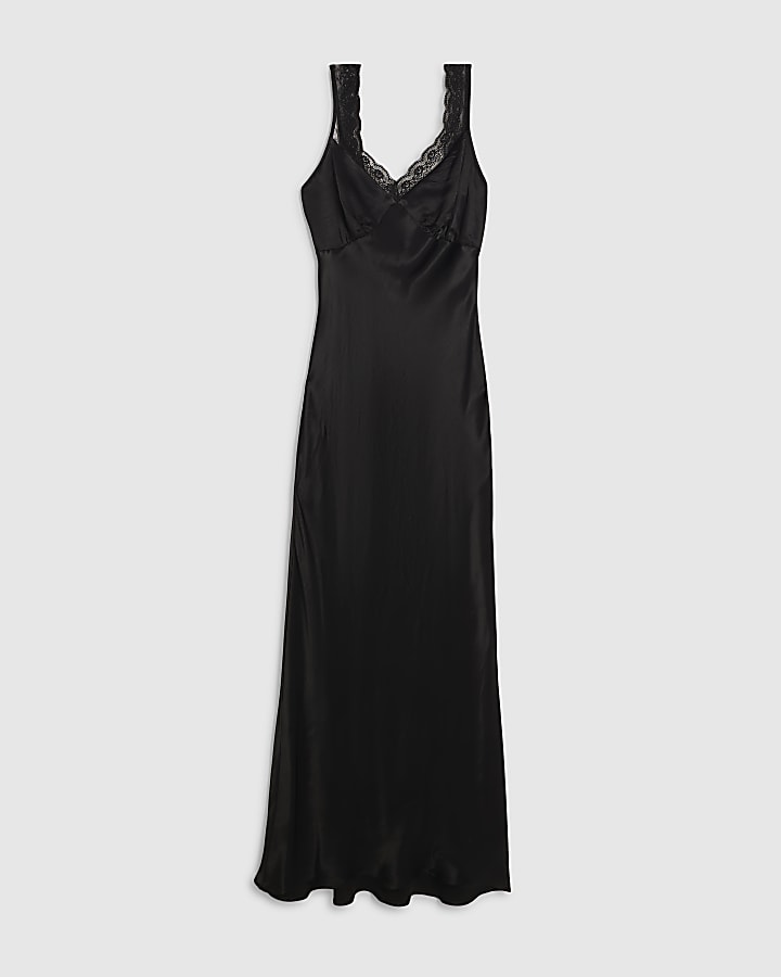Black Lace Trim Satin Midi Slip Dress
