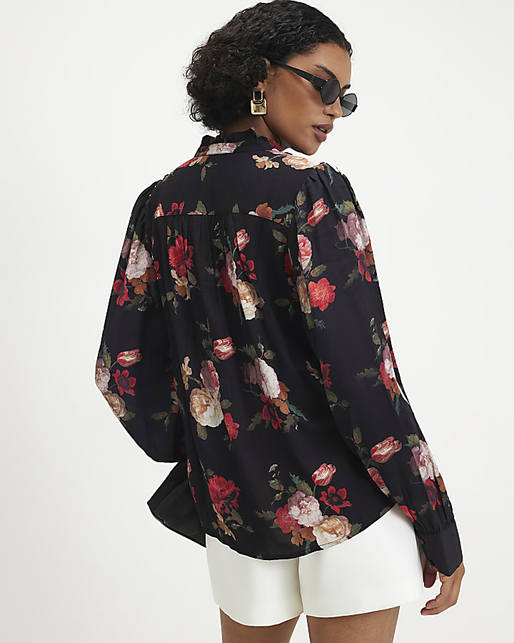 Black Long Sleeve Floral Ruffle Blouse