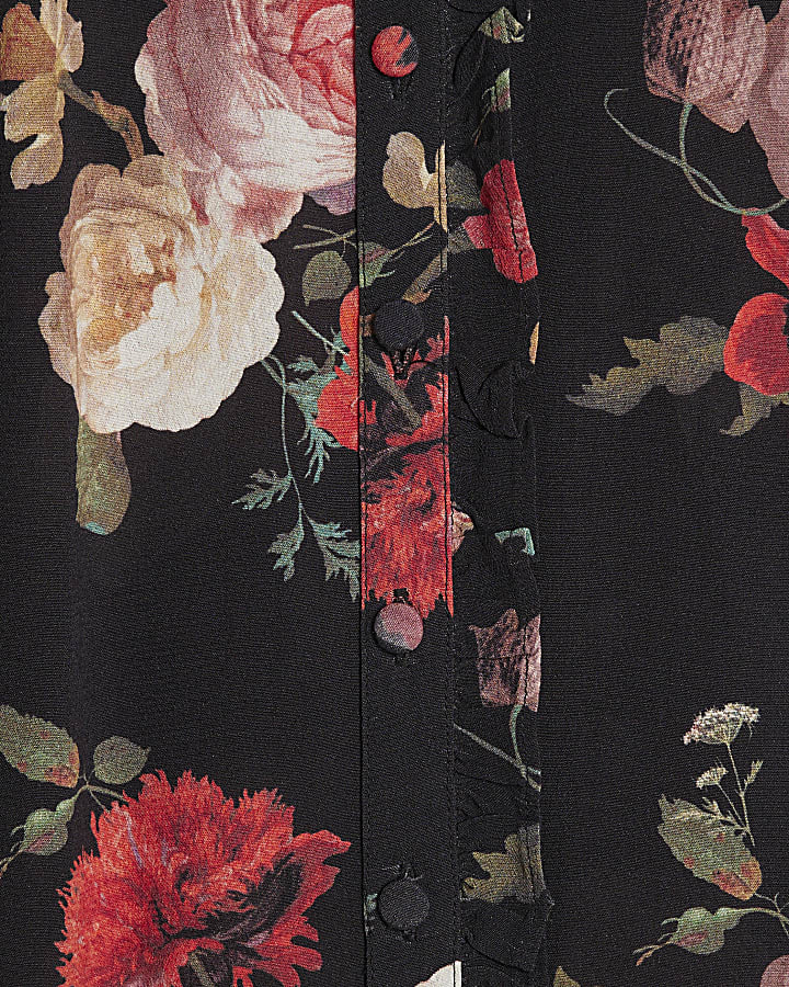 Black Long Sleeve Floral Ruffle Blouse