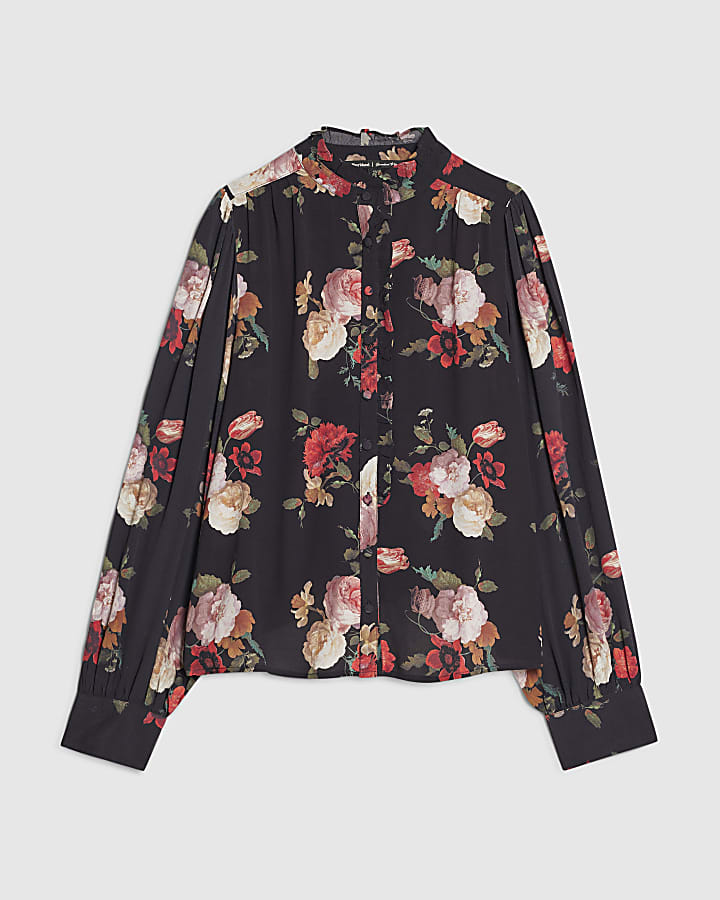Black Long Sleeve Floral Ruffle Blouse