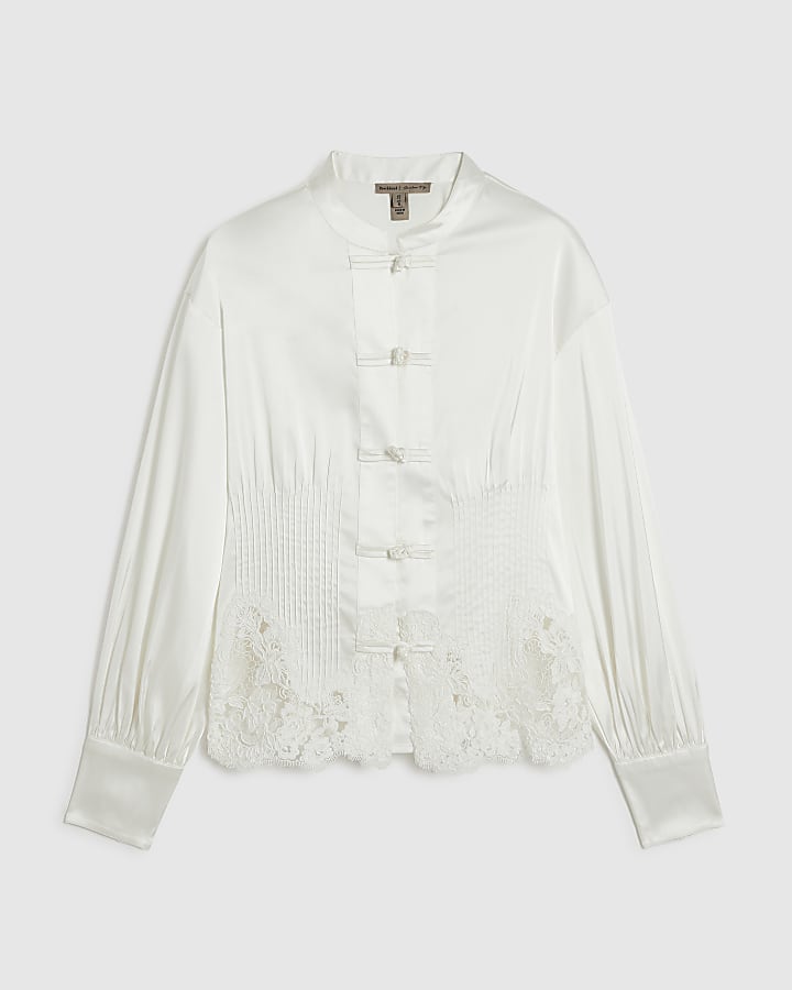 White Satin Lace Trim Drummer Boy Blouse