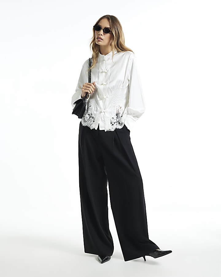 White Satin Lace Trim Drummer Boy Blouse