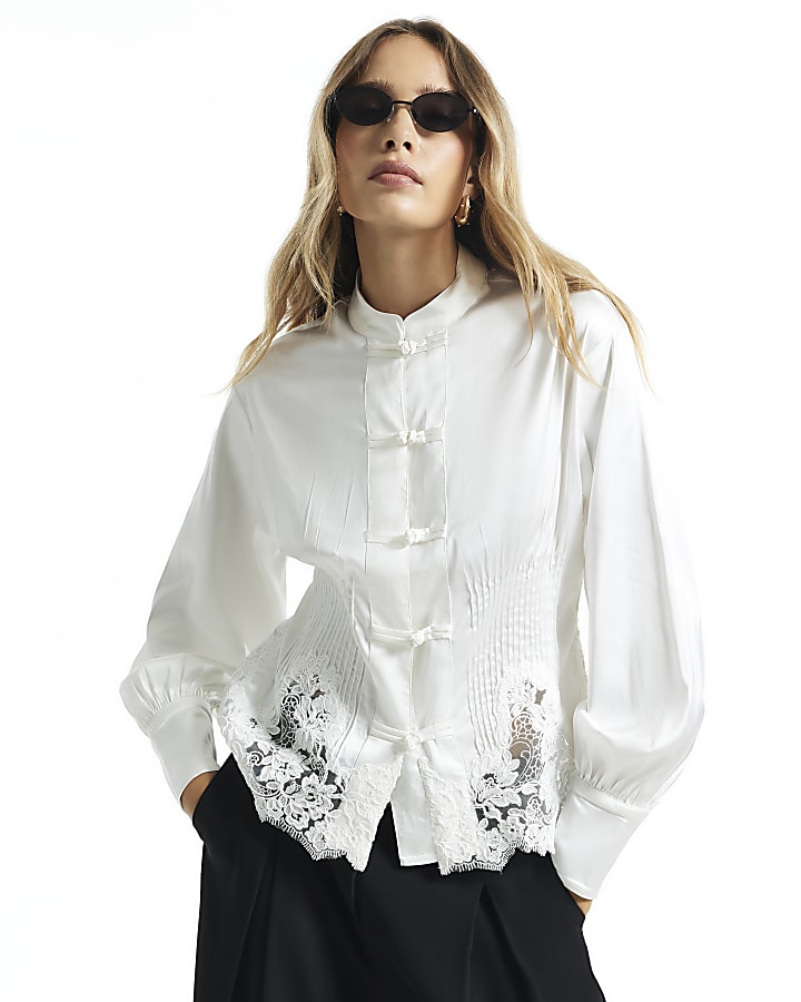 White Satin Lace Trim Drummer Boy Blouse