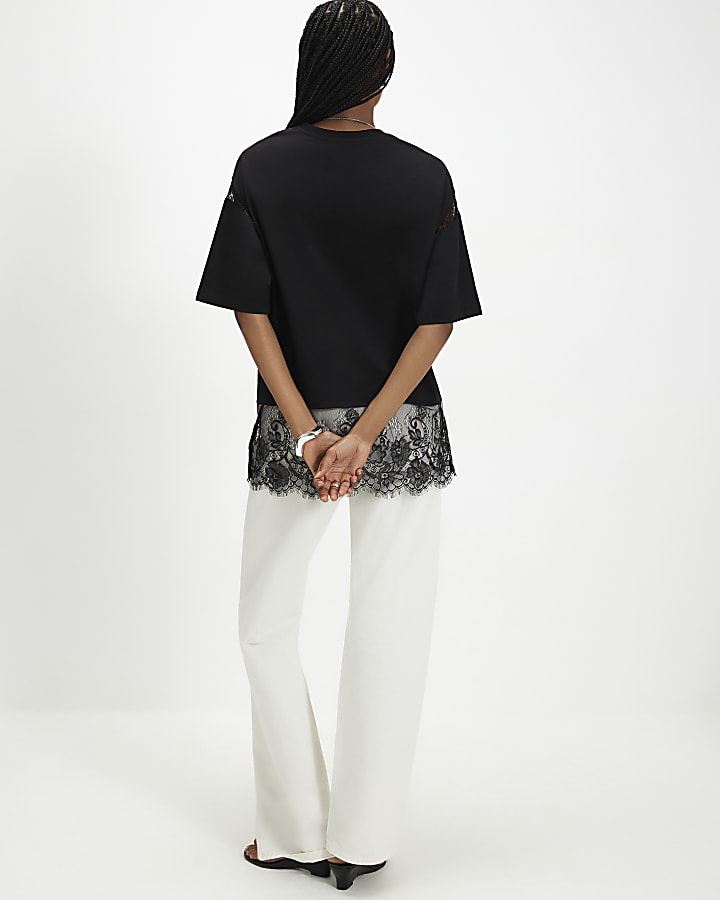 Black Satin Lace Trim Boyfriend Fit T-Shirt