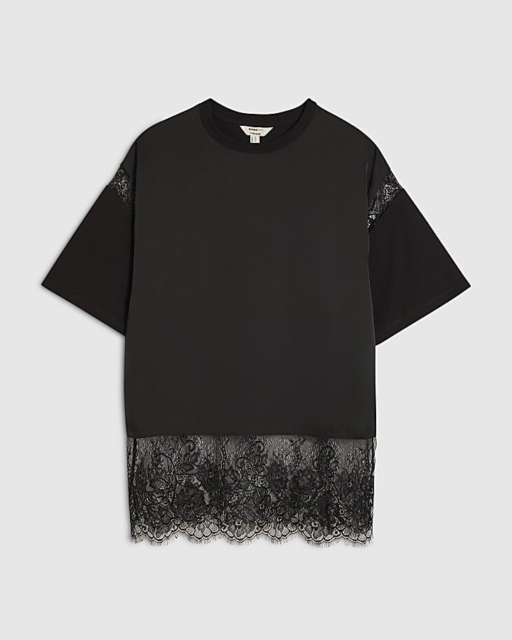Black Satin Lace Trim Boyfriend Fit T-Shirt