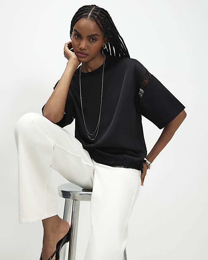 Black Satin Lace Trim Boyfriend Fit T-Shirt