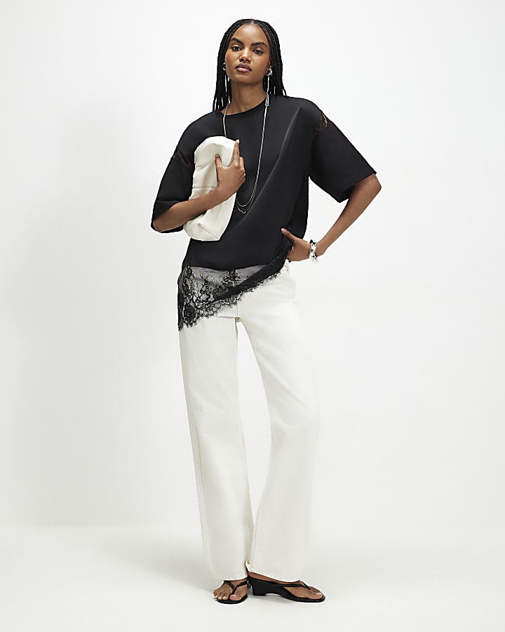 Black Satin Lace Trim Boyfriend Fit T-Shirt