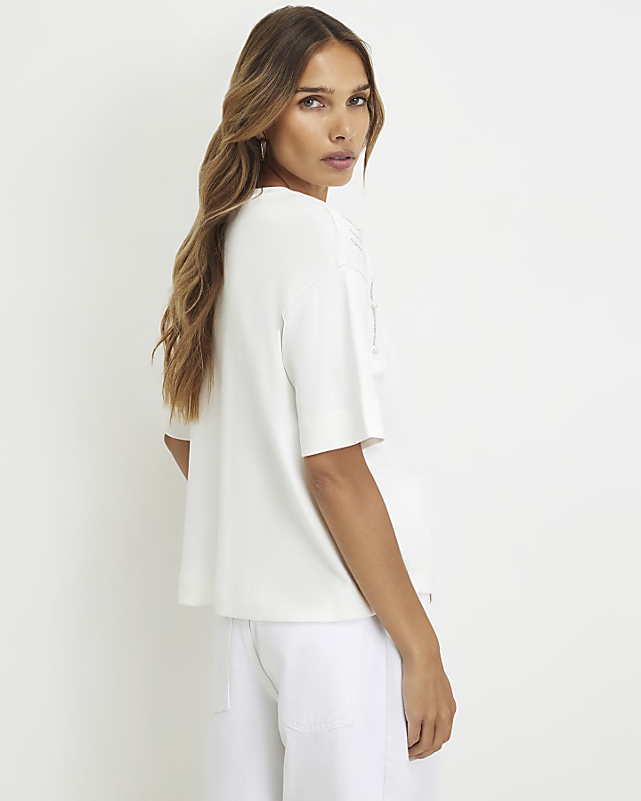 Cream Cotton Petal Embellished T-Shirt