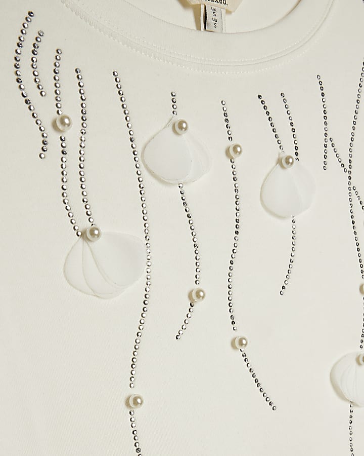 Cream Cotton Petal Embellished T-Shirt