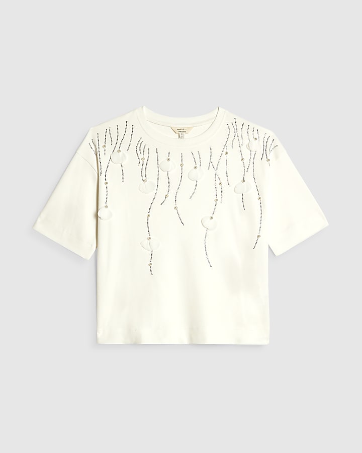 Cream Cotton Petal Embellished T-Shirt