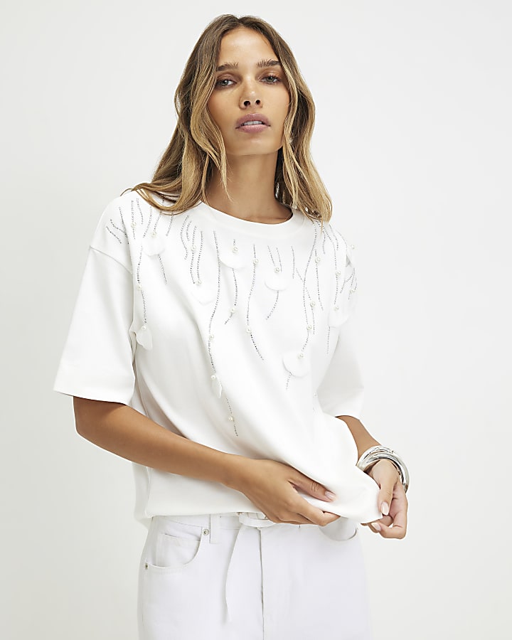 Cream Cotton Petal Embellished T-Shirt