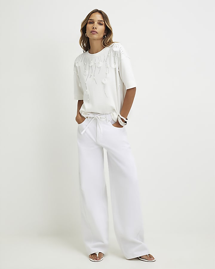 Cream Cotton Petal Embellished T-Shirt
