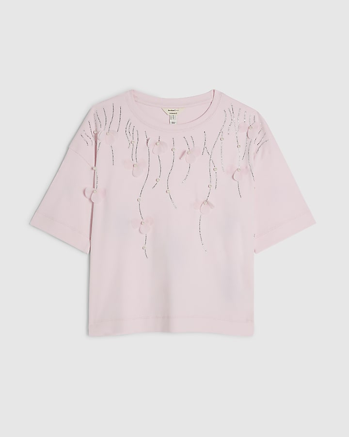 Pink Cotton Petal Embellished T-Shirt