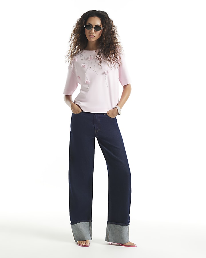 Pink Cotton Petal Embellished T-Shirt